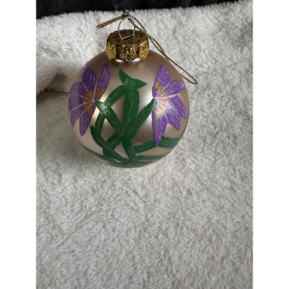 Hand painted Floral Glass Christmas Ornament Purple Gold Vtg Large Artist - Picture 2 of 8